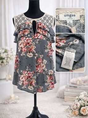 Umgee Gray Floral Lace Yoke Ruffle Keyhole Tank - Pink & Cream Flowers